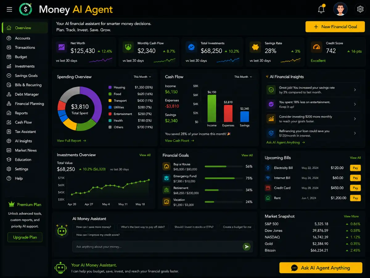 moneyagent.app AI money agent app — money dashboard preview